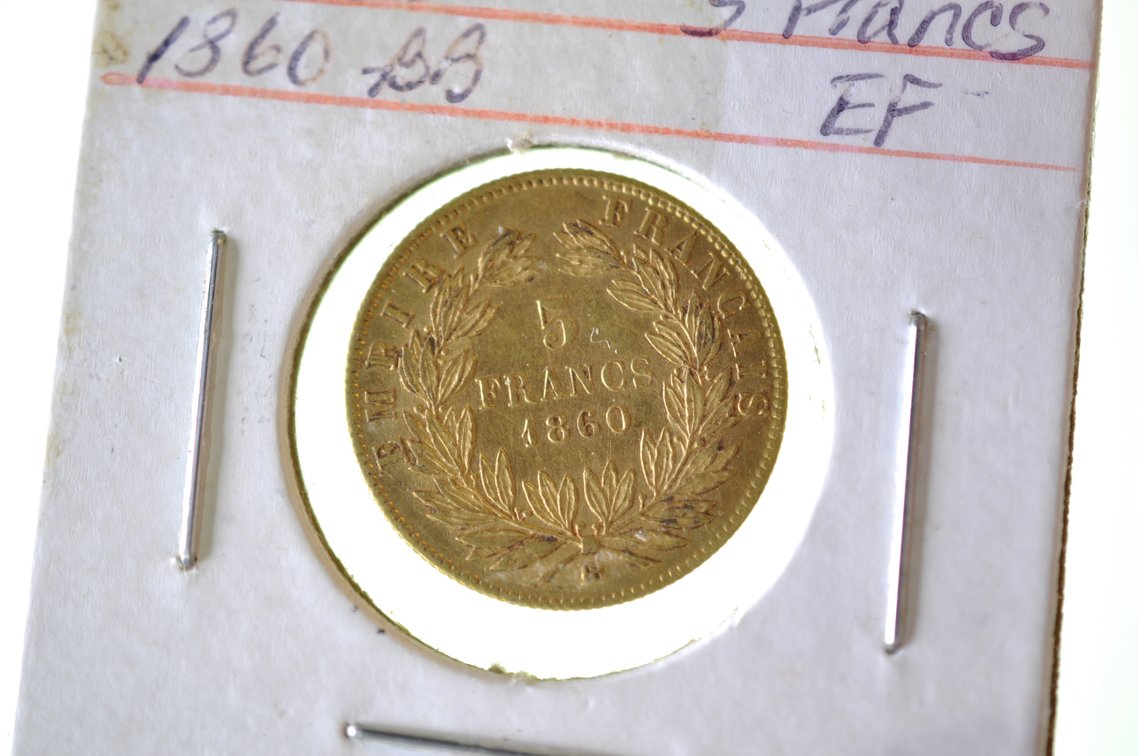 1860 Five Francs French Empire Napoleon III Gold Coin, photo 2 of 2