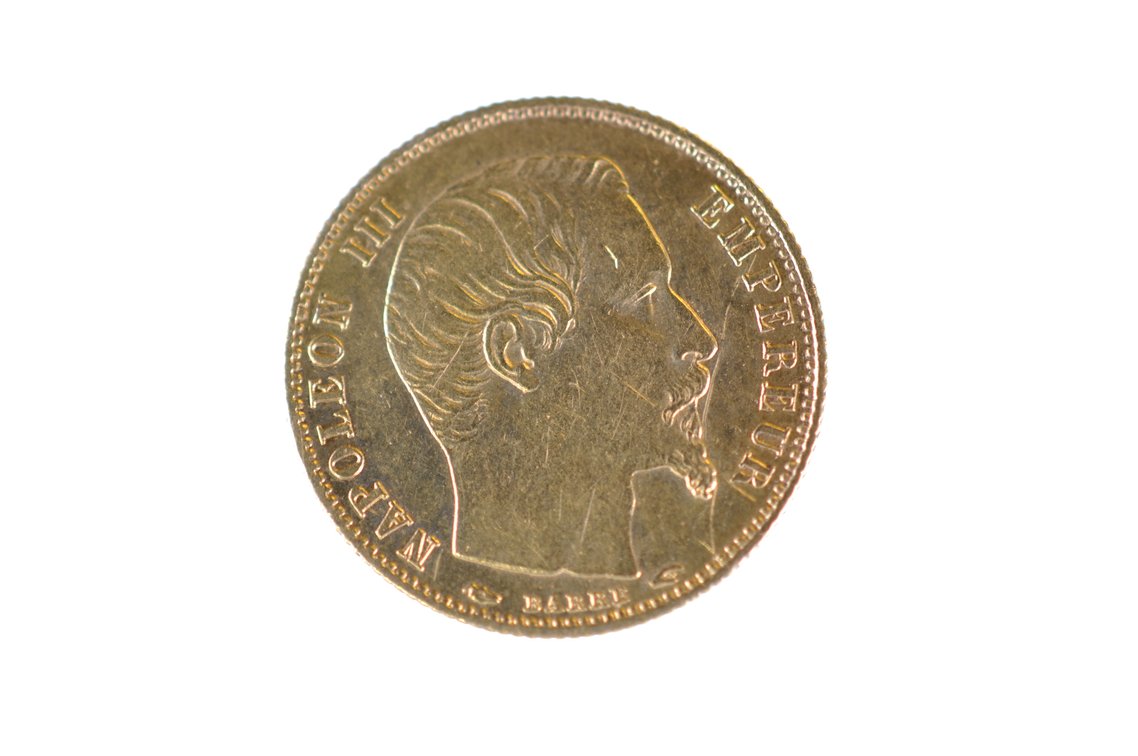 1854 Five Francs French Empire Napoleon III Gold Coin, photo 2 of 3
