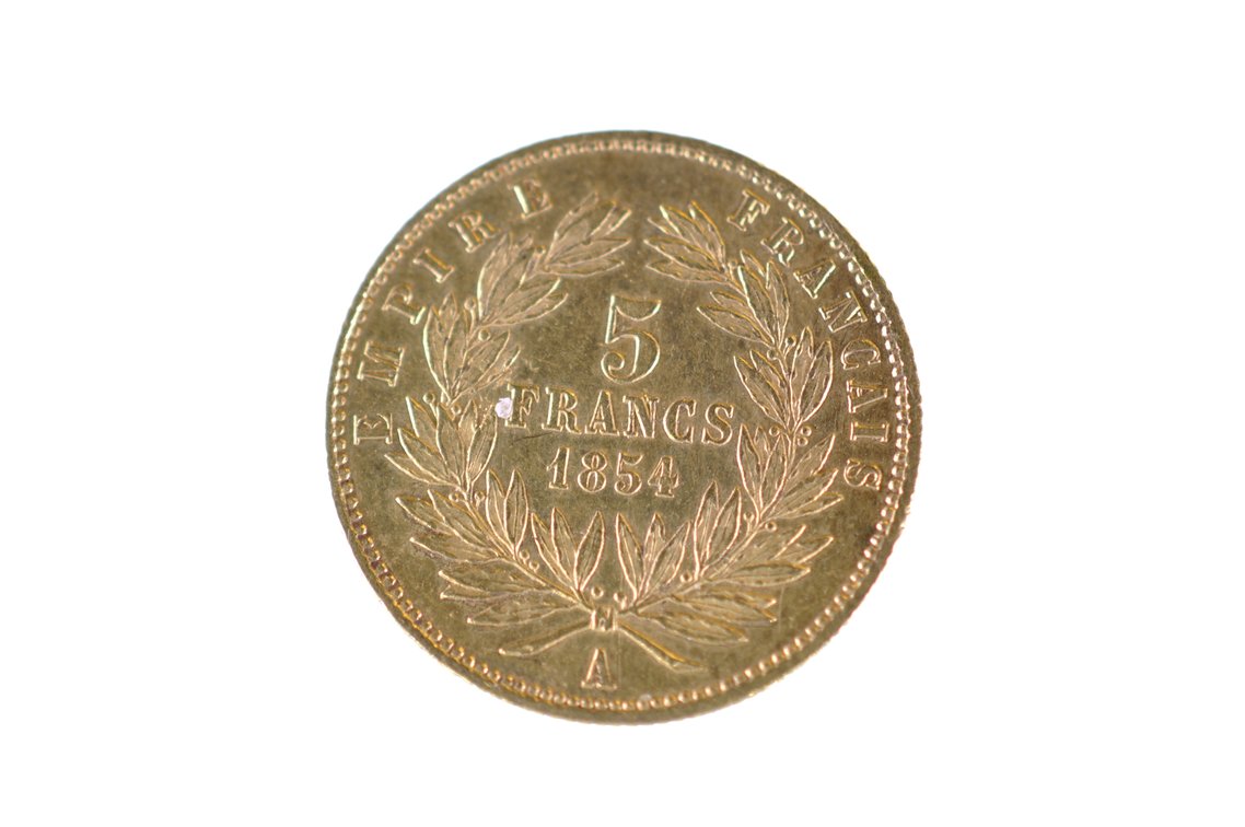 1854 Five Francs French Empire Napoleon III Gold Coin, photo 3 of 3