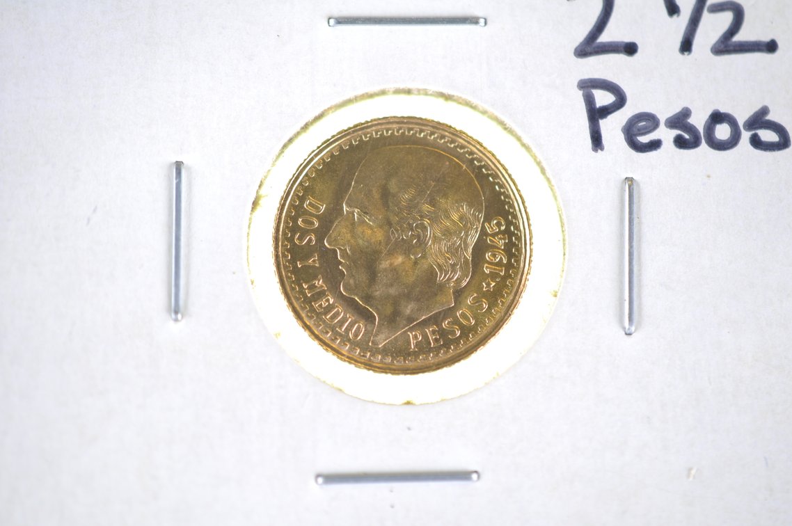 1945 Likely a Restrike Mexican 2 1/2 Pesos Gold Coin, photo 2 of 3
