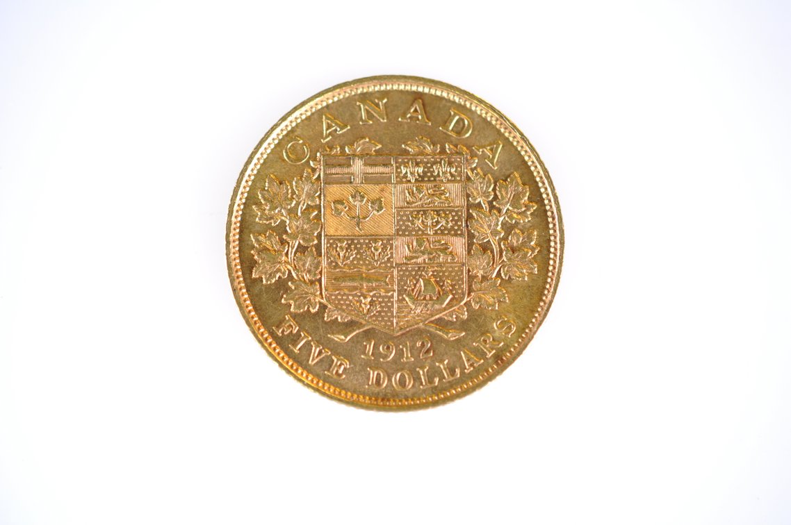 1912 Canadian Five Dollars Gold Coin, photo 2 of 3