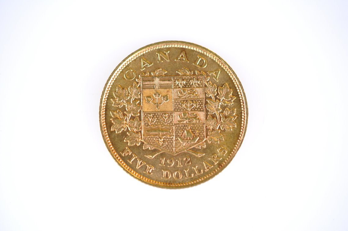 1912 Canadian Five Dollars Gold Coin, photo 3 of 3