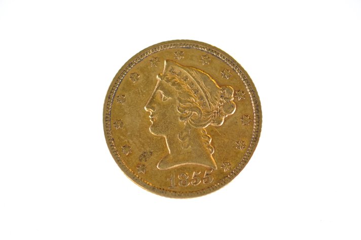 1855 Liberty Head Five Dollars Gold Coin