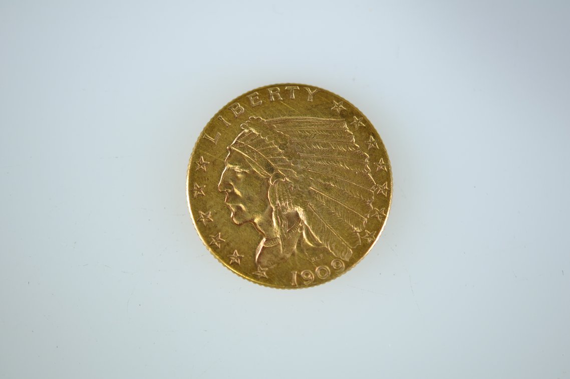 1909 Indian Head Two and a Half Dollar Gold Coin, photo 2 of 3