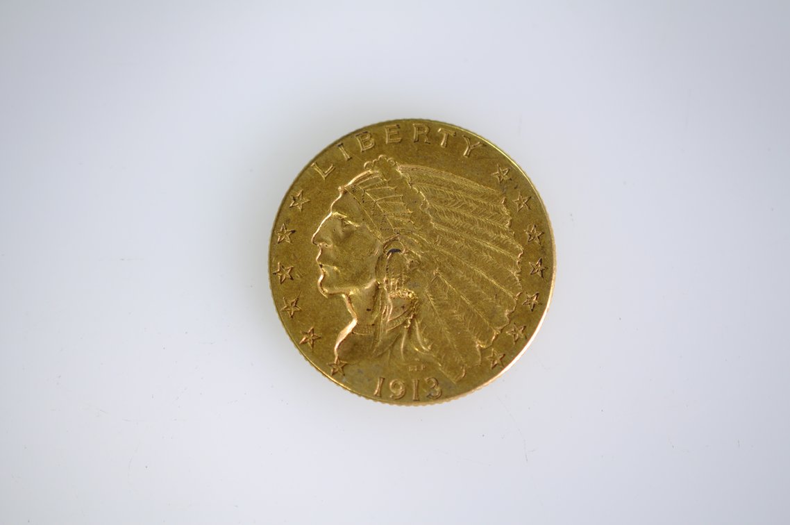 1913 Indian Head Two and a Half Dollar Gold Coin, photo 2 of 3
