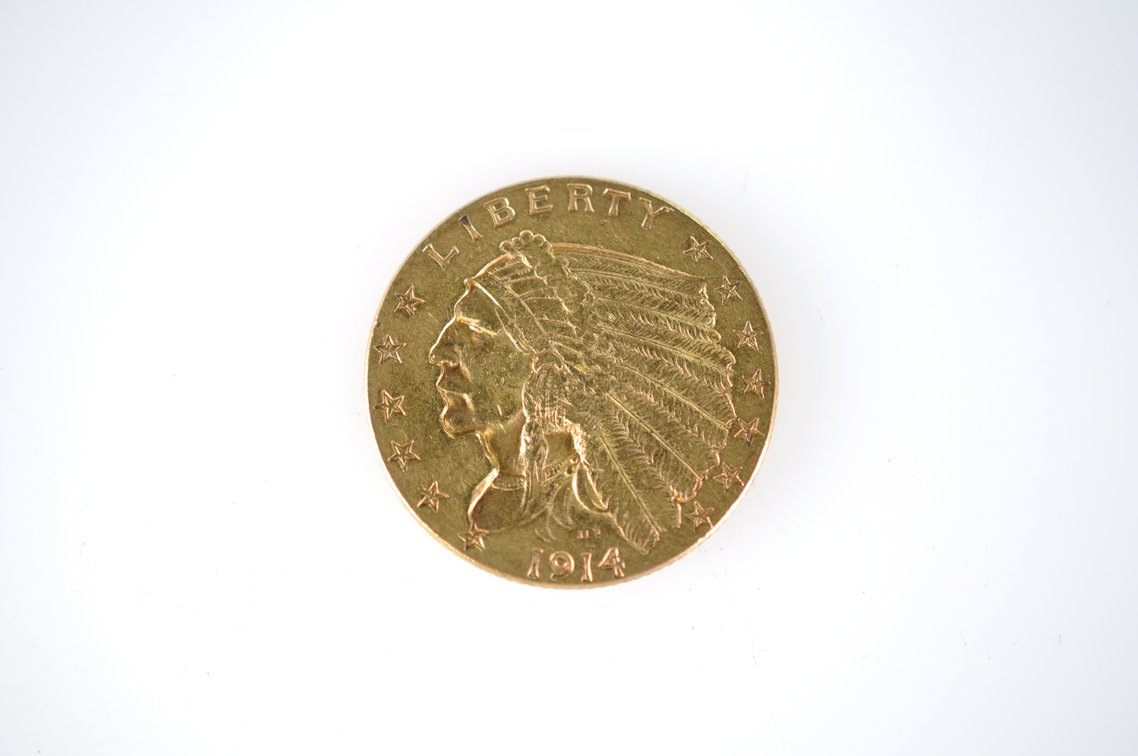 1914 Indian Head Two and a Half Dollar Gold Coin, photo 2 of 3