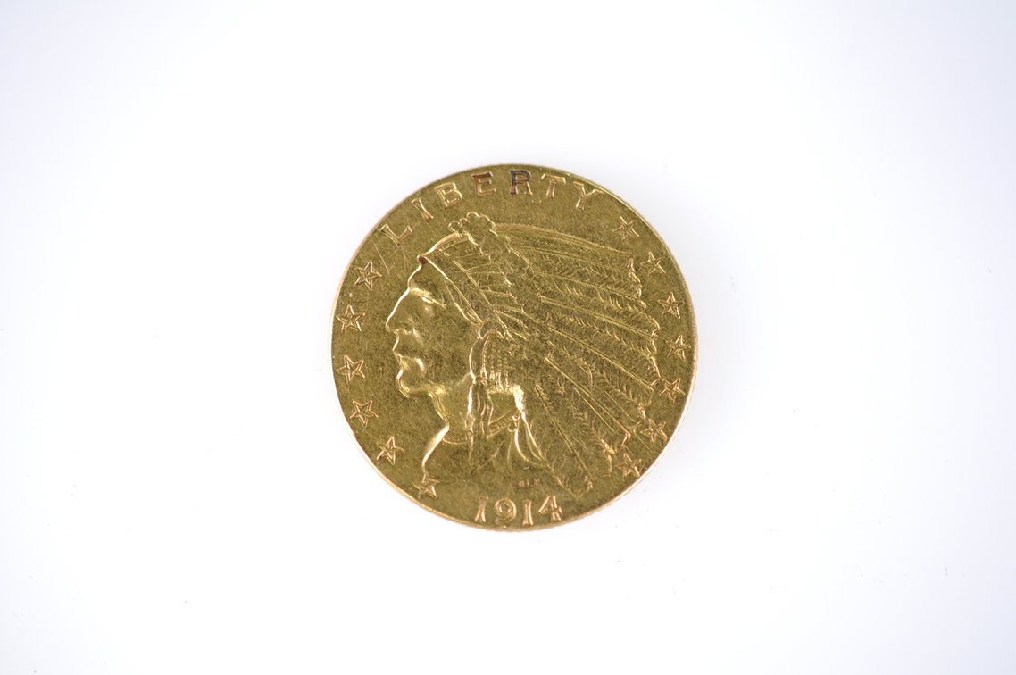 1914 Indian Head Two and a Half Dollar Gold Coin, photo 2 of 3