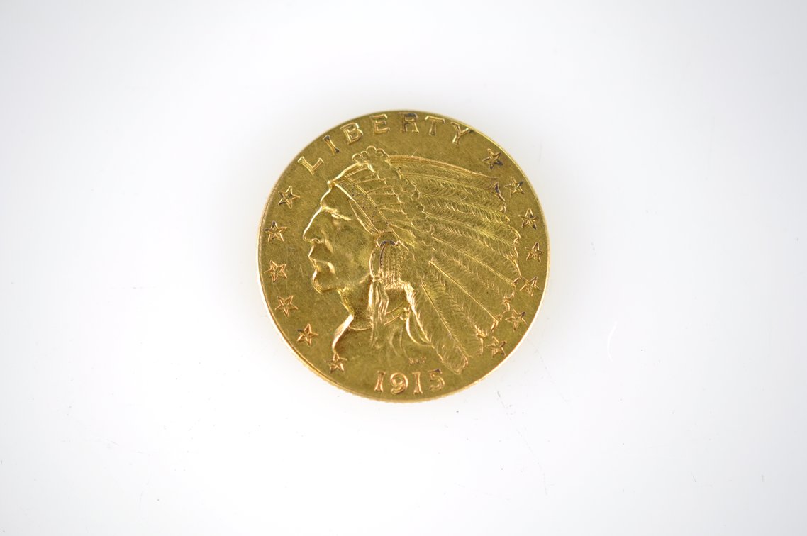 1915 Indian Head Two and a Half Dollar Gold Coin, photo 2 of 3