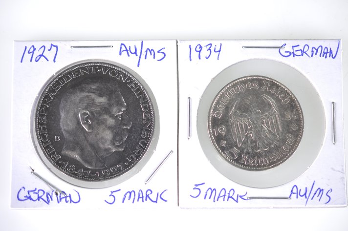 1927 and 1934 German Five Funf Mark Coins