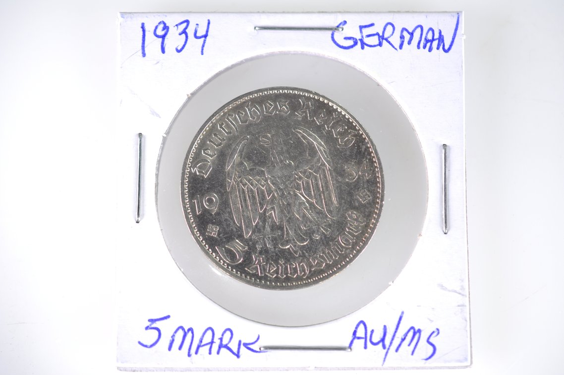 1927 and 1934 German Five Funf Mark Coins, photo 7 of 7