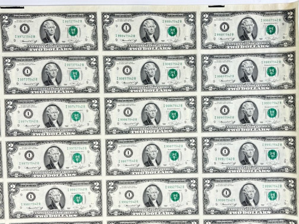 Sheet of Uncut Series of 1976 Two Dollars, photo 2 of 11