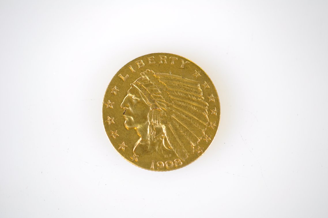 1908 Indian Head Two and a Half Dollar Gold Coin, photo 2 of 3
