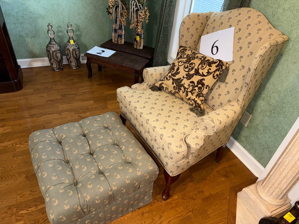 WING BACK CHAIR WITH OTTOMAN AND PILLOW