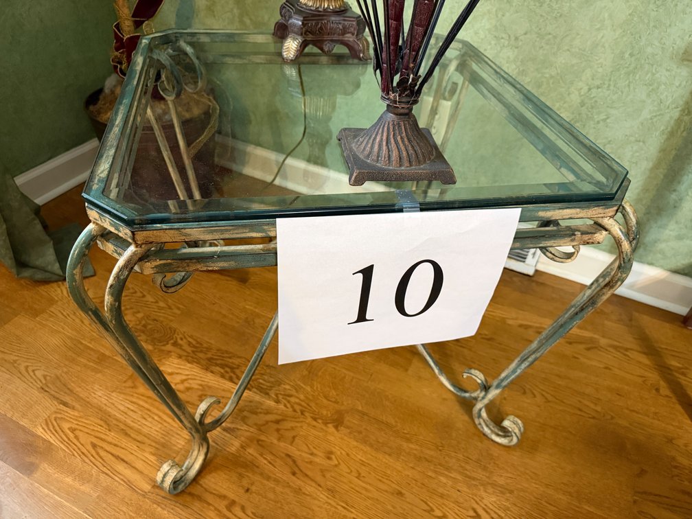 APPROX 26" GLASS TOP IRON BASE TABLE RUSTIC