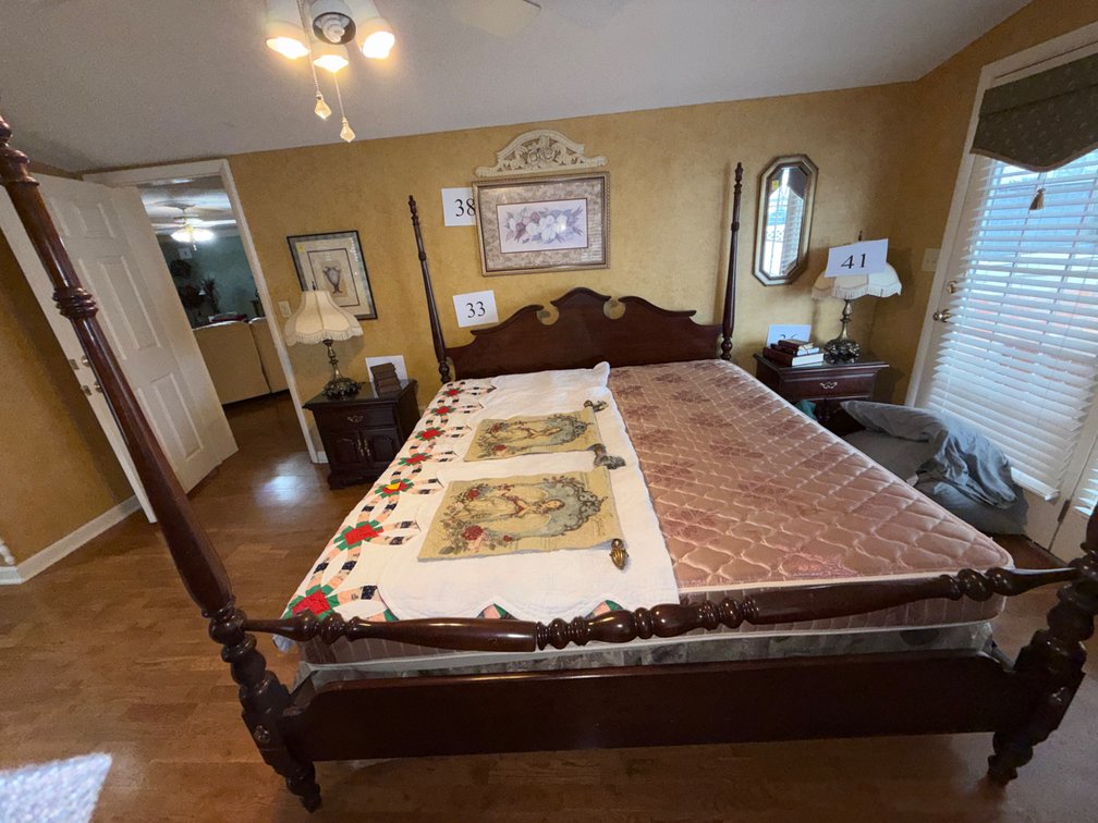 KING SIZE 4 POSTER BED WITH SEARS MATTRESS AND BOX SPRINGS