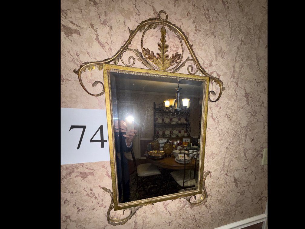 OAK LEAF METAL FRAMED BEVELED GLASS MIRROR AND 2 FRAMED PRINTS