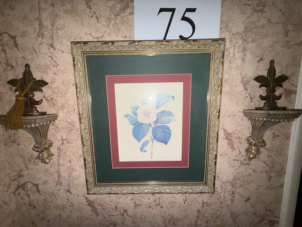 GILT FRAMED AND MATTED FLORAL PRINT AND 2 WALL SCONCES