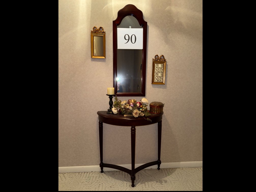 HALF PEDESTAL TABLE WITH APPRIX 38.5 MIRROR; 2 FRAMED MIRROR PRINTS