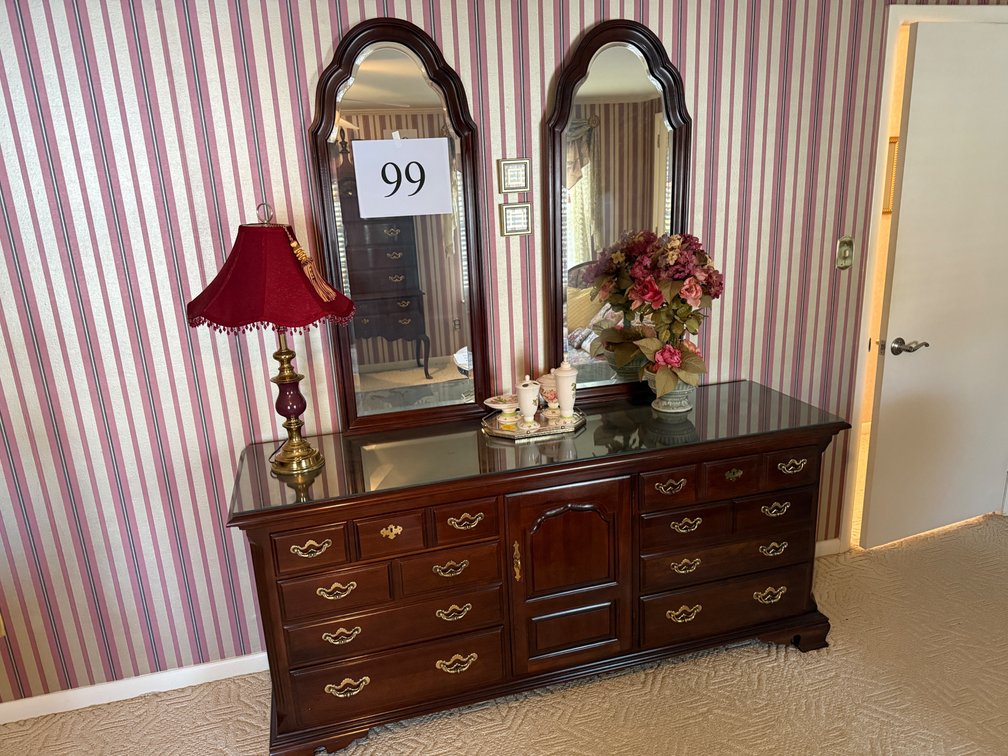 6 DRAWER 1 DOOR DRESSER AND 2 BEVELED GLASS MIRRORS
