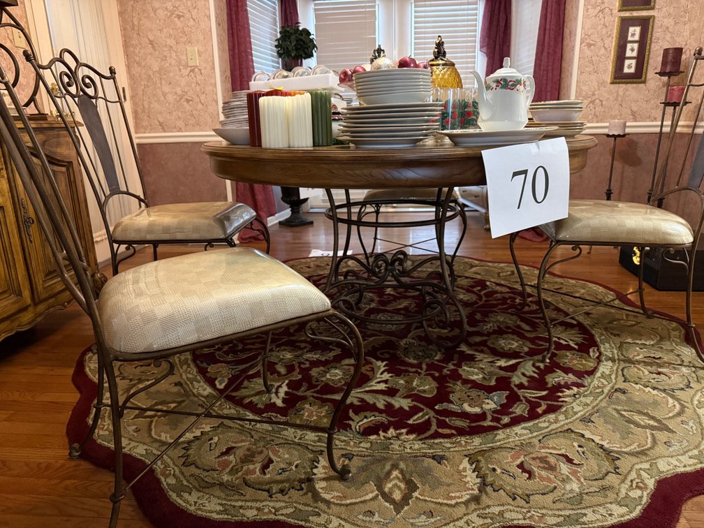 HEAVY 54" IRON PEDESTAL WOOD BREAKFAST TOP TABLE WITH IRON BACK AND BASE CHAIRS