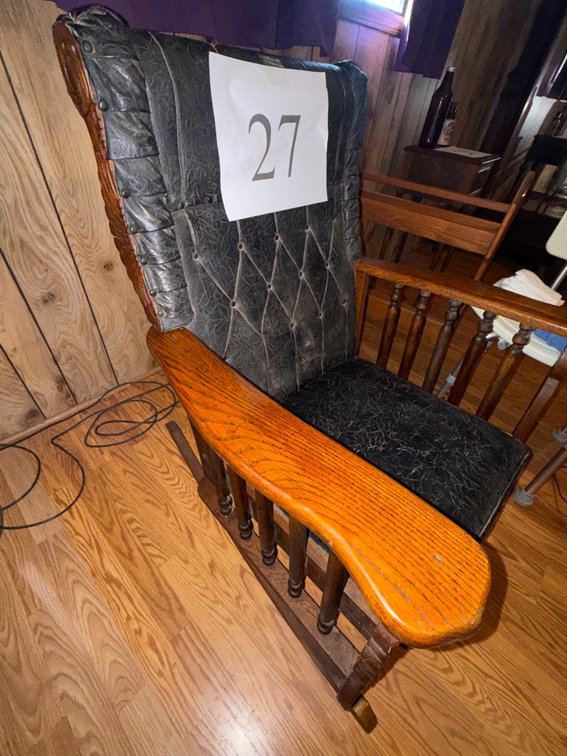 Heavy antique arm rocker carved & leather