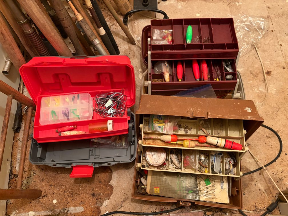 ANTIQUE FISHING POLES, TACKLE BOXES AND MISC