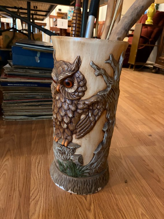 CERAMIC OWL UMBRELLA STAND WITH MISC FISHING POLES