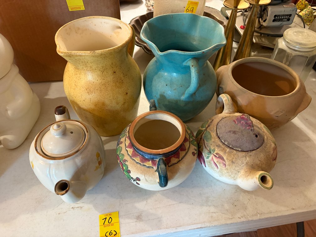 POTTERY TEA POTS; PITCHERS; ETC.