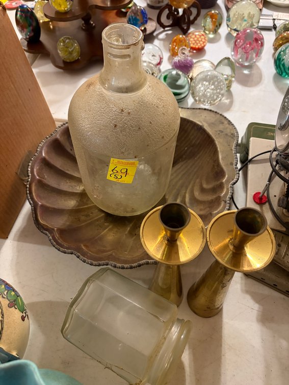 GLASS WHISKEY JUG; METAL SHELL; CANDLE STANDS, ETC
