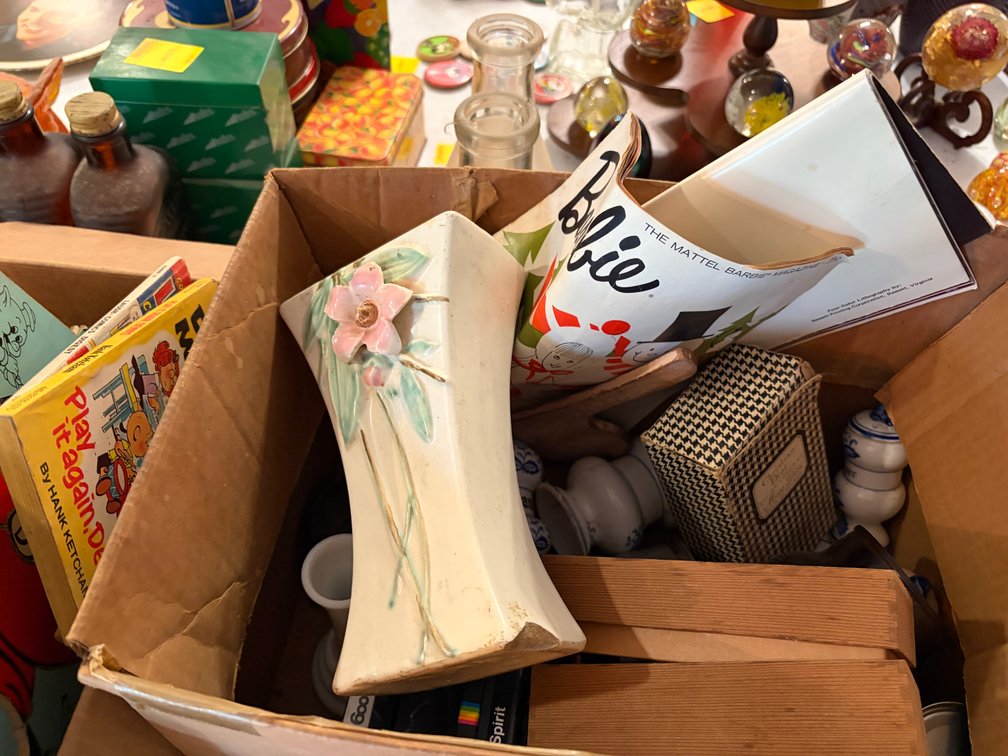 BOX DEAL; MCCOY VASE; BARBIE MAGAZINE, ETC.