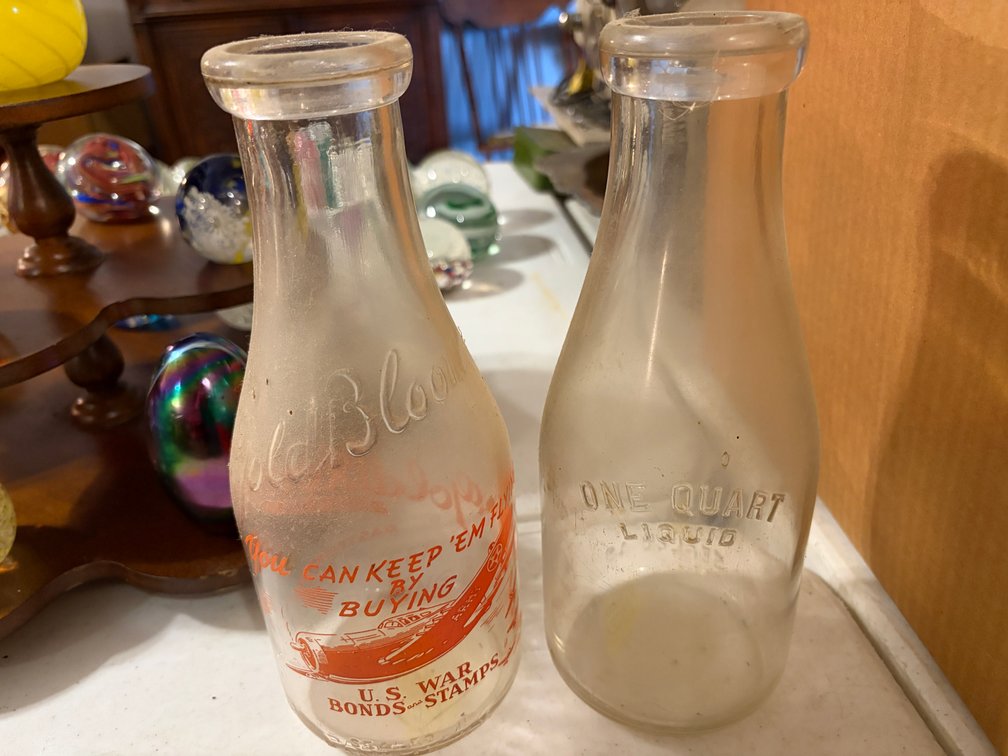 ONE QUART MILK GLASS; GOLD BLOOM PASTEURIZED GLASS