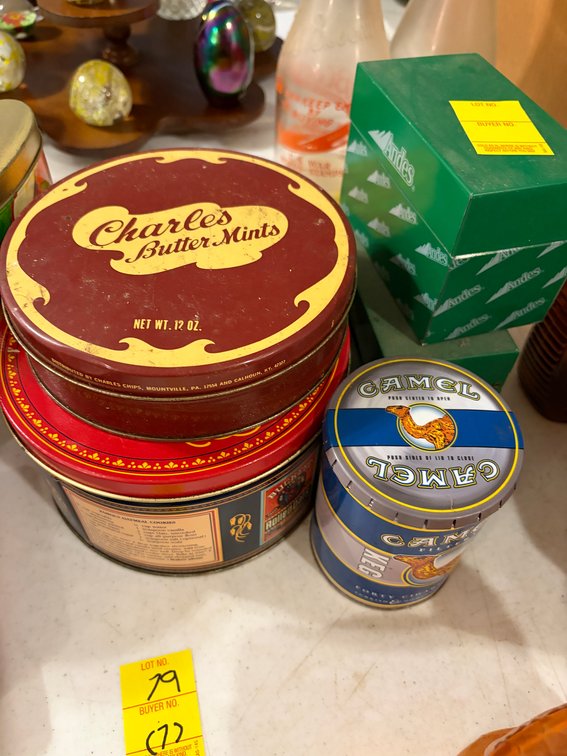 CAMEL CIGARETTES CAN; CHARLES BUTTER MINTS; QUAKER OATS,ETC.