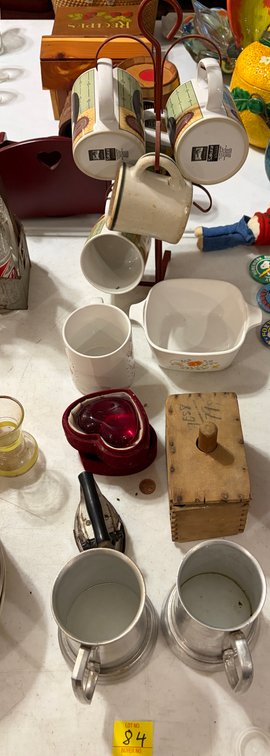 BUTTER MOLD; MINI IRON; COFFEE MUGS; CORNINGWARE, ETC.