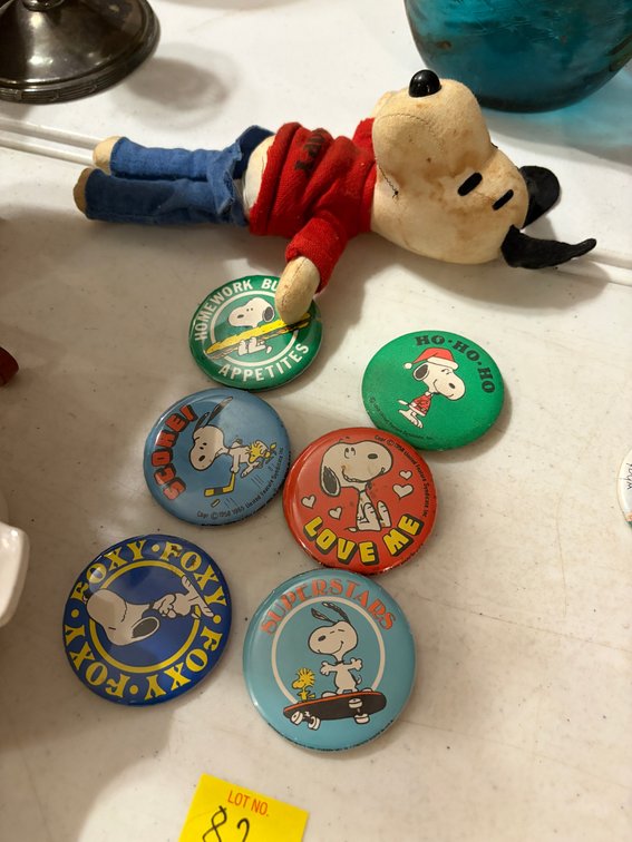 6 SNOOPY PINS AND SNOOPY DOLL