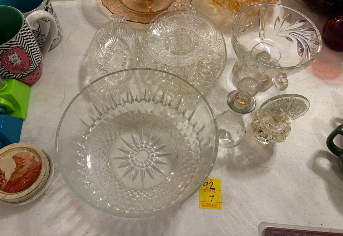 PRESSED PLATTERS; BOWLS; DECANTER, ETC