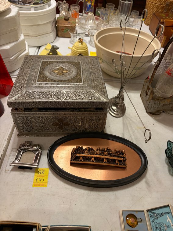 BOX WITH CONTENTS; LAST SUPPER WALL PIECE; ETC.