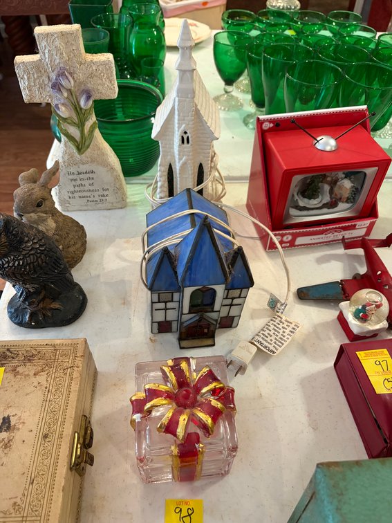 CHURCH MUSIC BOX; LIGHTED CHURCH GLASS PRESENT