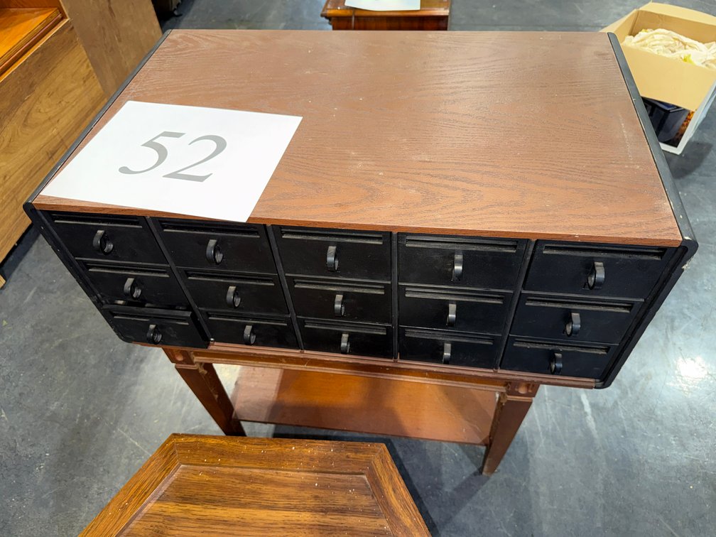 15 DRAWER LIBRARY CARD FILE ON WOOD TABLE