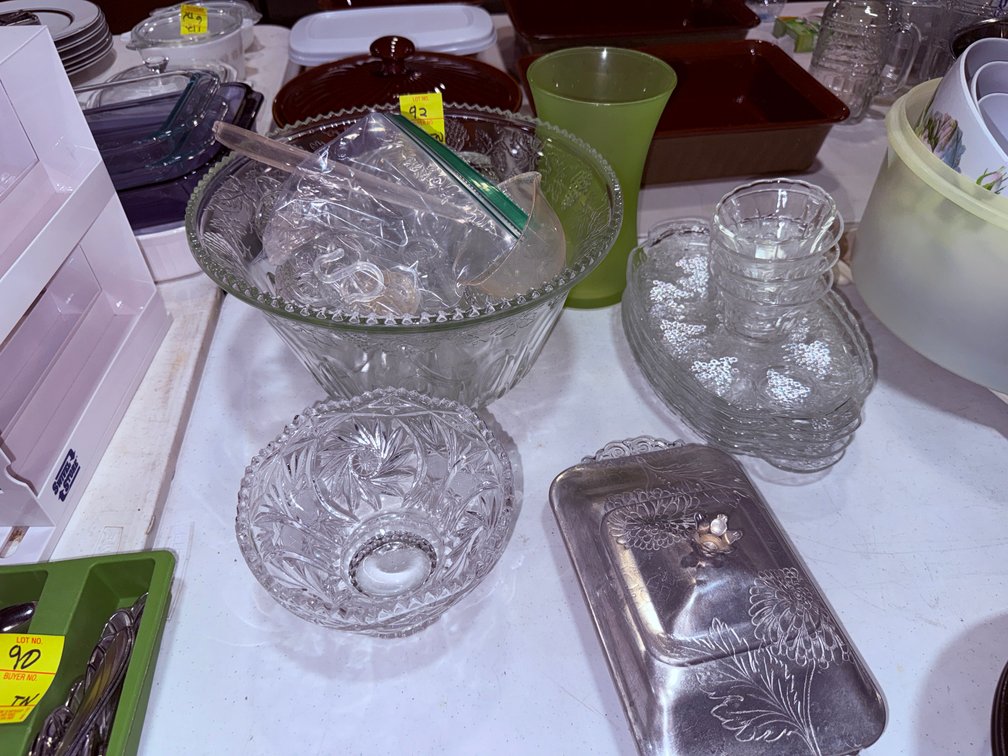 PUNCH BOWL SET; GLASS SNACK TRAYS; PINWHEEL COMPOTE; COVERED RELISH TRAY