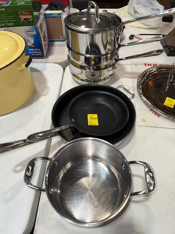 5 ALL-CLAD PANS; 1 EMERIL 2 HANDLED POT; 1 CALPHALON GLASS LID