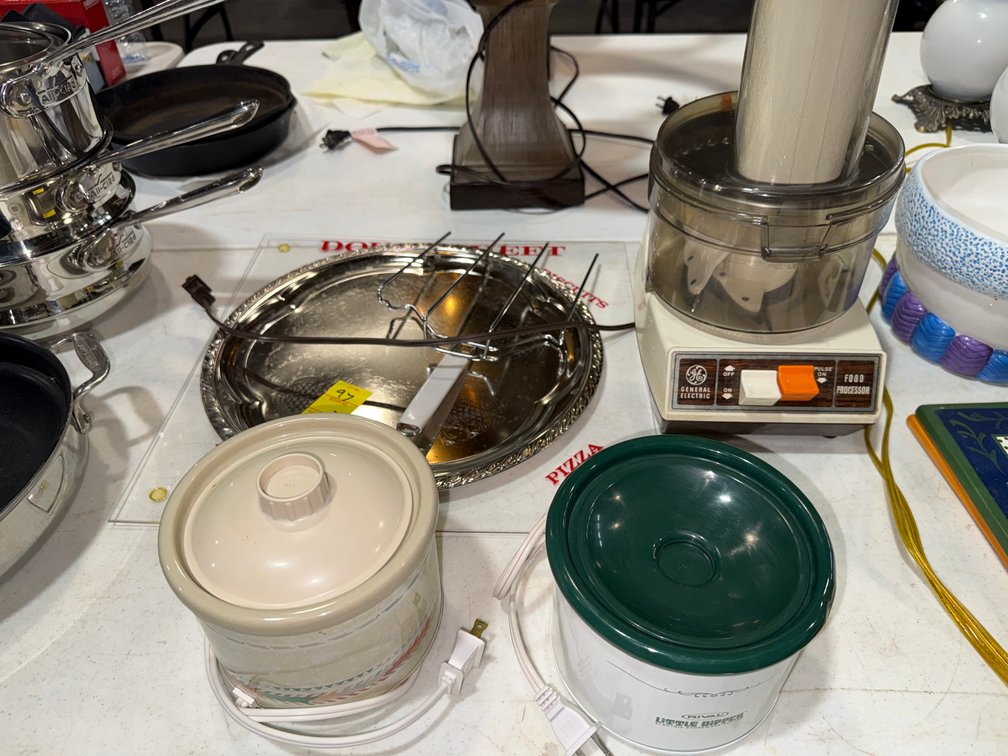 2 RIVAL LITTLE DIPPER WARMERS; 1GE FOOD PROCESSOR; 1 SP TRAY AND MEAT FORK; 1 DOUGH SHEET