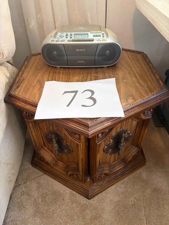HEXAGON 2 DOOR STORAGE TABLE WITH CONTENTS