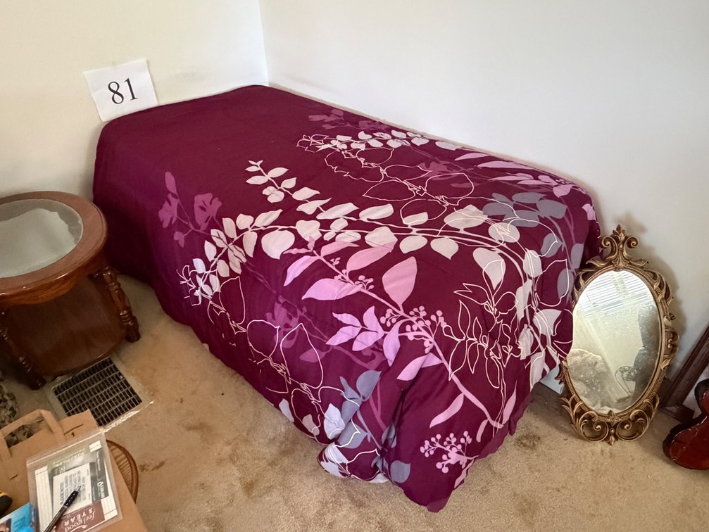 2 SIMMONS TWIN MATTRESS PLUS BED FRAME AND BEDSPREAD WITH SKIRT