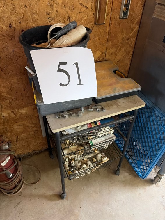 Cart with 3 metal drawers & plumbing contents