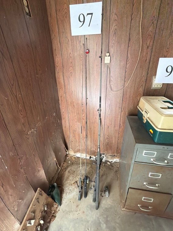 4 fishing poles and reels, 2 reels