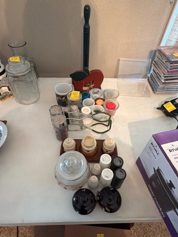 Salt and pepper shakers; candles; towel holder; tooth pick holders; etc.