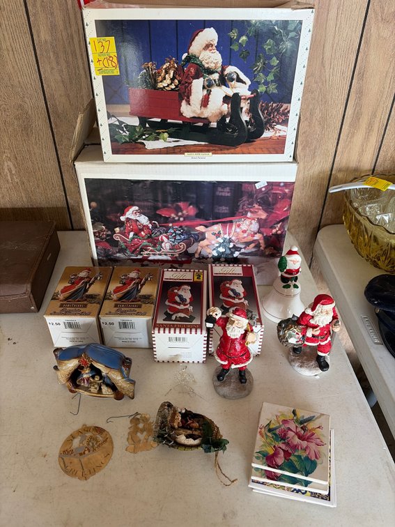 Ornaments; santa figurines; mini nativity scenes; etc.