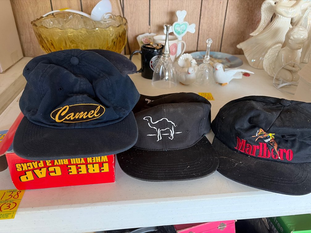 2 camel hats; marlboro hat.