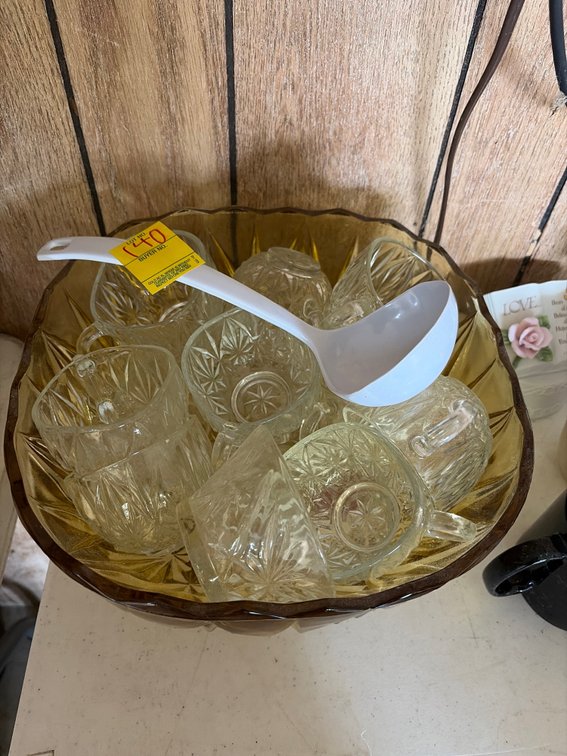 Glass punch bowl and glass cups.
