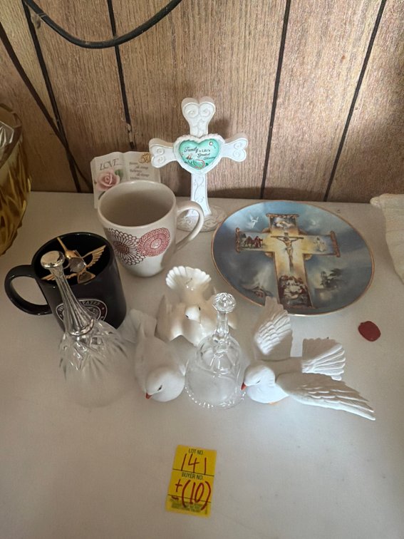 Dove figurines; glass bells; mugs; the life of christ plate; etc.